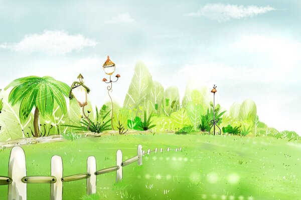 बाड़ के पीछे शानदार प्रकृति का चित्रण